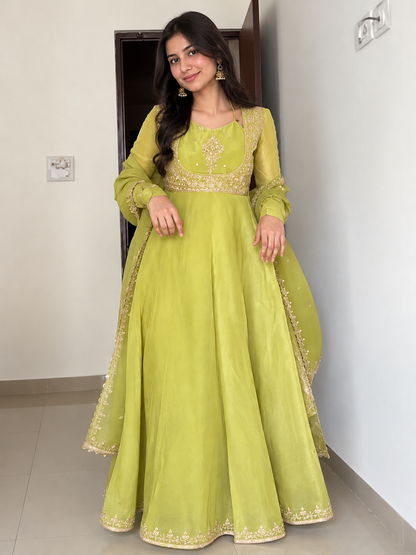 Lime Green Embroidered Anarkali Gown with Dupatta
