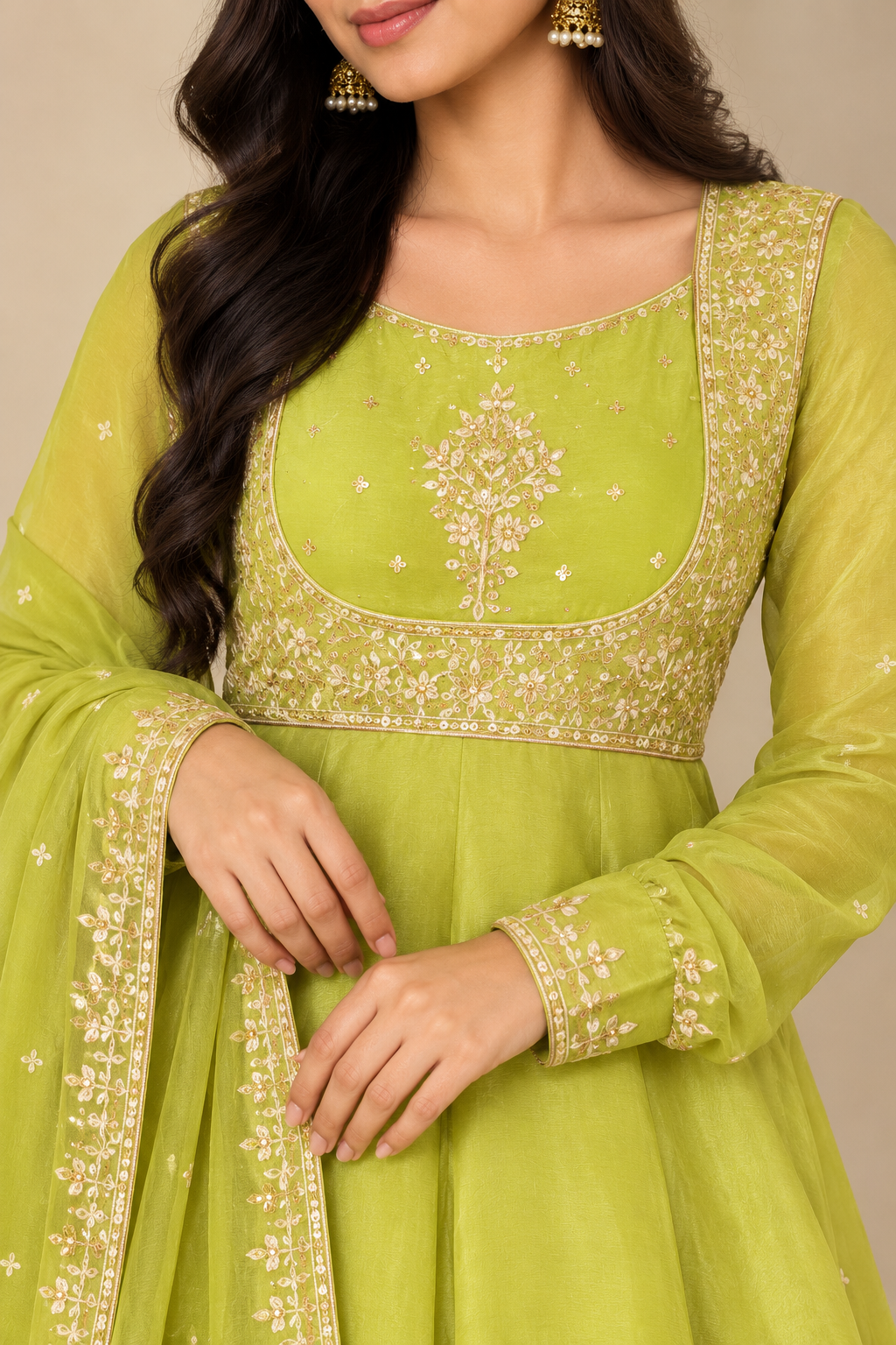 Lime Green Embroidered Anarkali Gown with Dupatta
