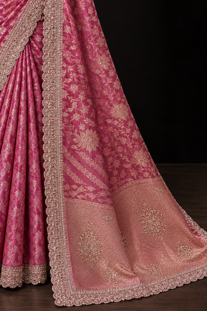 Elegant Rani Pink Floral Jacquard Saree with Ornate Embroidered Border and Matching Blouse