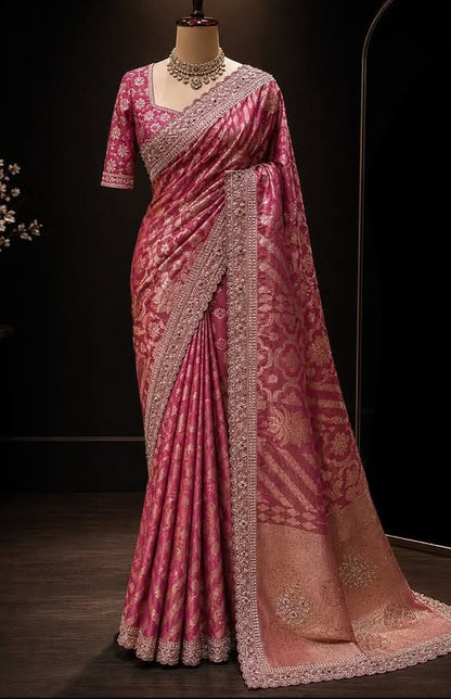 Elegant Rani Pink Floral Jacquard Saree with Ornate Embroidered Border and Matching Blouse
