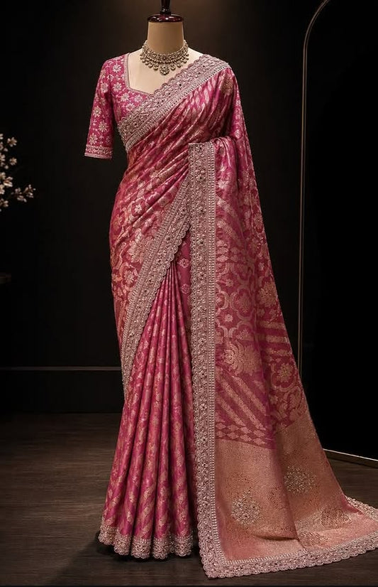 Elegant Rani Pink Floral Jacquard Saree with Ornate Embroidered Border and Matching Blouse