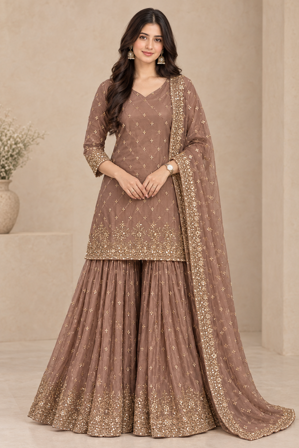 Mauve Elegance Gold Embroidered Sharara Suit Set