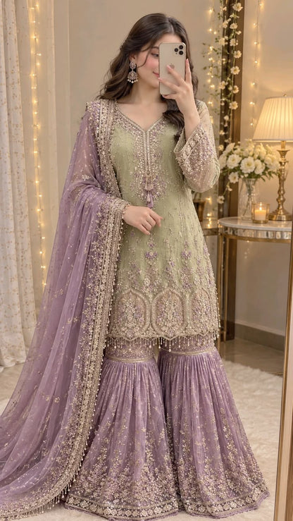 Women’s Sage Green & Lilac Embroidered Garara Suit Set with Dupatta