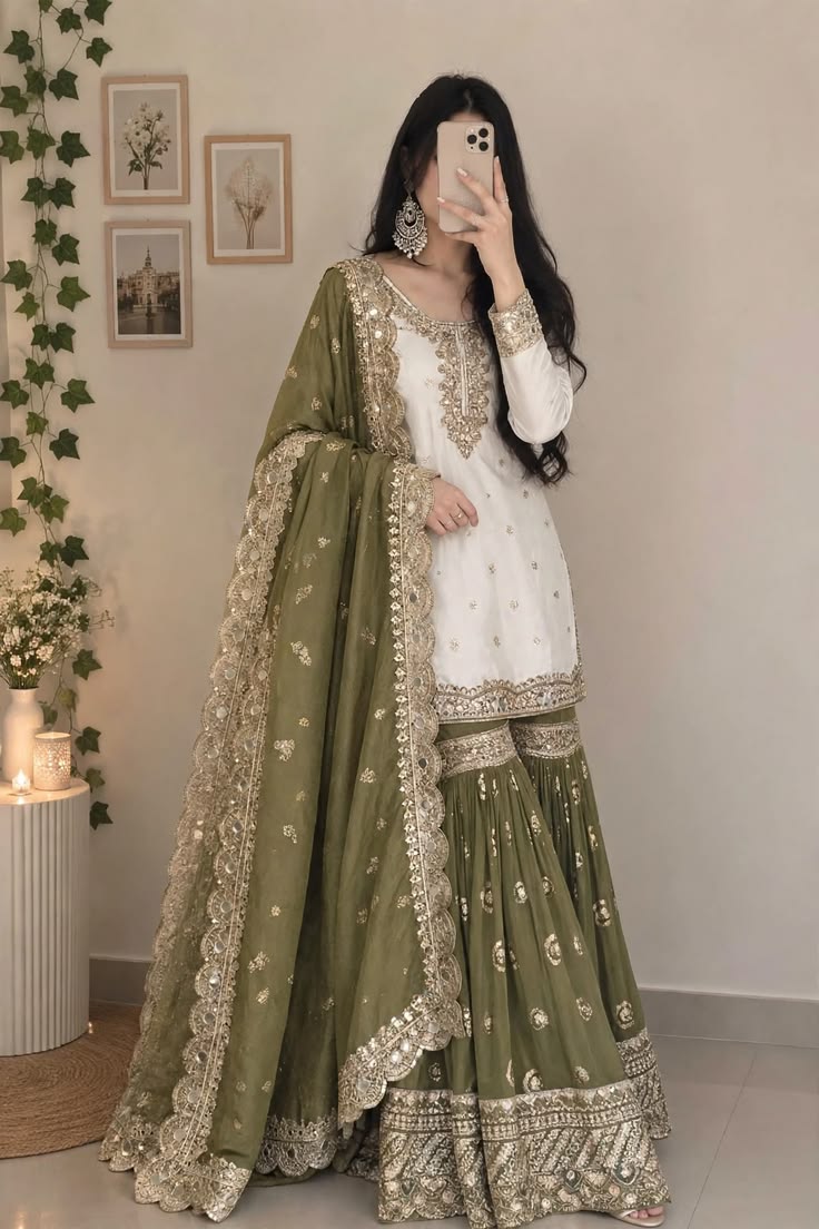 Olive Green & Ivory Regal Embroidered Sharara Set