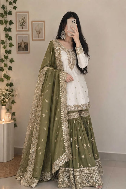 Olive Green & Ivory Regal Embroidered Sharara Set