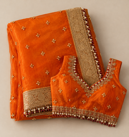 Royal Orange Silk-Style Saree with Heavy Gold Zari Border & Pearl Tassels