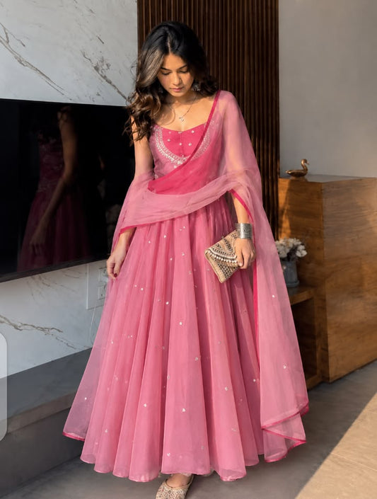 Elegant Pink Cotton Embellished Anarkali Suit with Dupatta