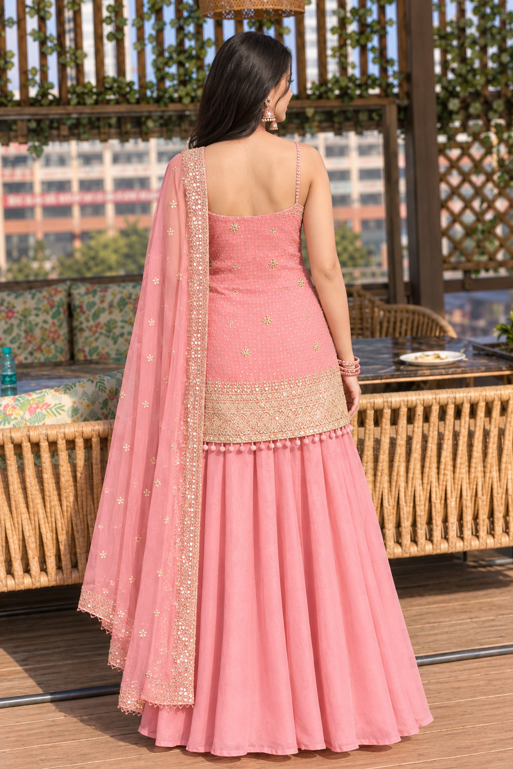 Dusty Pink Embroidered Kurta with Flared Skirt and Dupatta Set