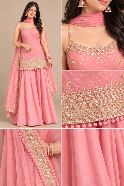 Dusty Pink Embroidered Kurta with Flared Skirt and Dupatta Set