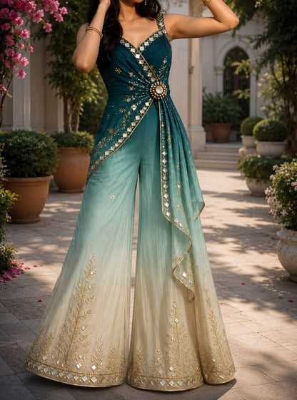 Teal & Ivory Ombre Embroidered Draped Palazzo Jumpsuit