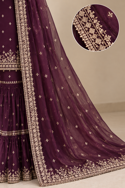 Women’s Wine Plum Gold Embroidered Sharara Suit Set with Dupatta | Festive & Wedding Ethnic Wear