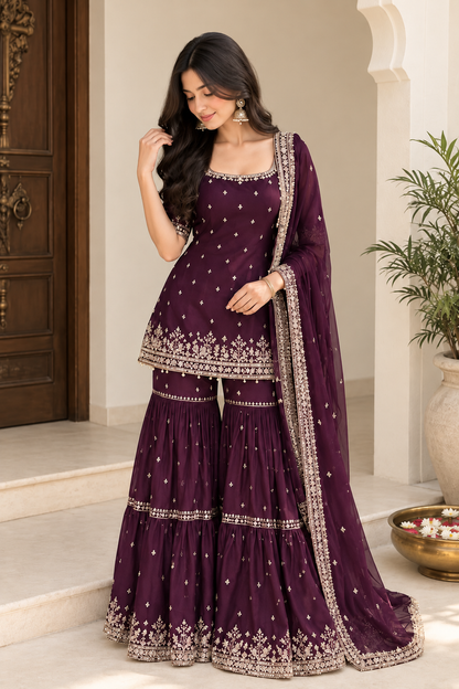 Women’s Wine Plum Gold Embroidered Sharara Suit Set with Dupatta | Festive & Wedding Ethnic Wear