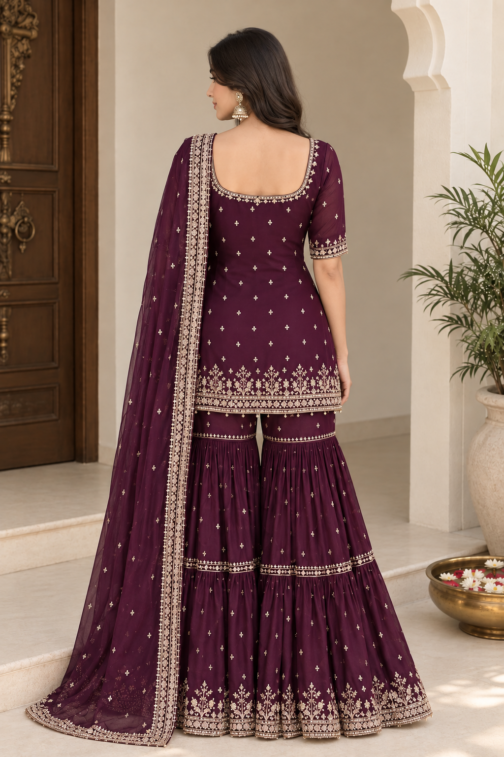 Women’s Wine Plum Gold Embroidered Sharara Suit Set with Dupatta | Festive & Wedding Ethnic Wear
