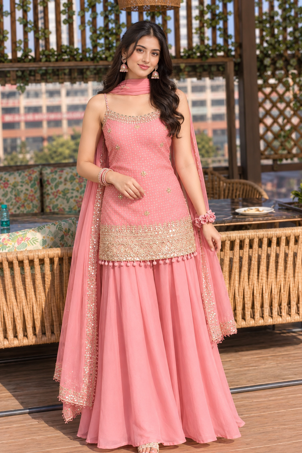 Dusty Pink Embroidered Kurta with Flared Skirt and Dupatta Set