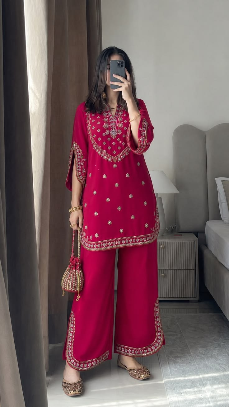 Women’s Embroidered 3-Piece Suit Set – Elegant Pink Kurta with Palazzo Pants
