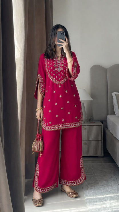 Women’s Embroidered 3-Piece Suit Set – Elegant Pink Kurta with Palazzo Pants