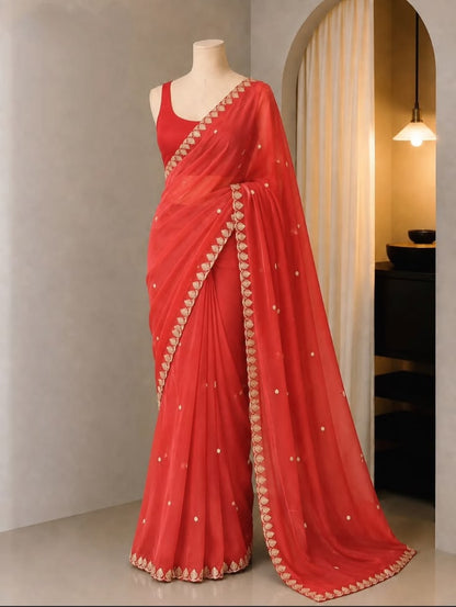 Red Georgette Saree with Elegant Golden Leaf Lace Border