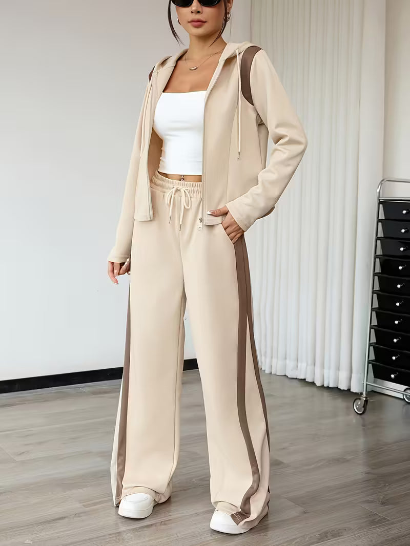 Women’s Beige Hooded Jacket and Wide-Leg Pants Co-Ord Set with Brown Side Stripes