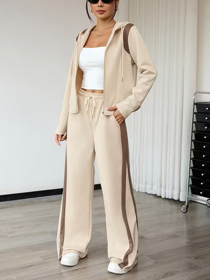 Women’s Beige Hooded Jacket and Wide-Leg Pants Co-Ord Set with Brown Side Stripes