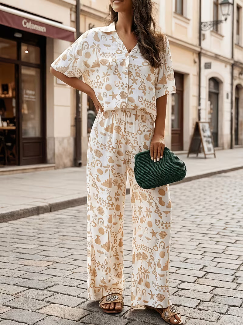 Santorini Abstract Print Co-Ord Set – Beige & Ivory