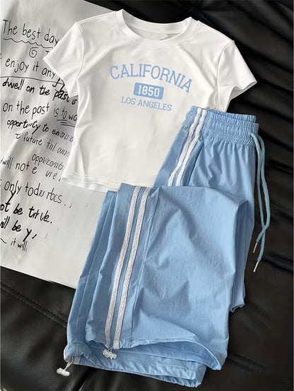 California Los Angeles Graphic Co-Ord Set – White & Sky Blue