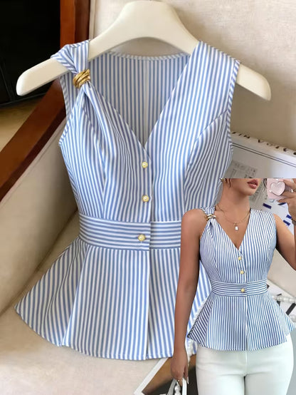 Blue & White Striped Button-Front Peplum Top