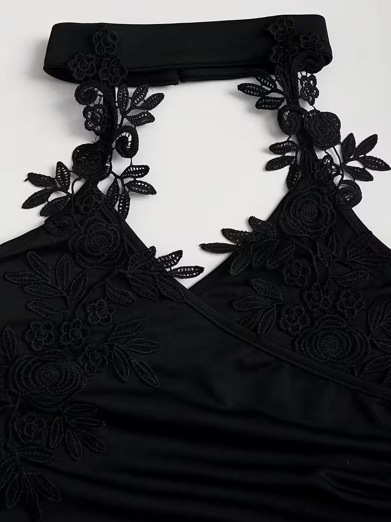 Women’s Black Floral Halter Neck Wide-Leg Jumpsuit