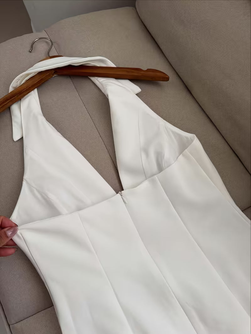 White Sleeveless Notched Collar A-Line Dress