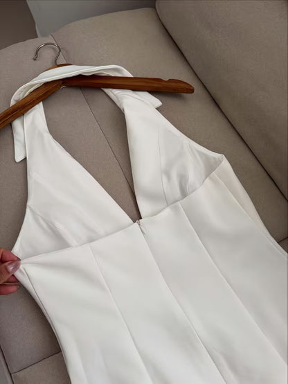 White Sleeveless Notched Collar A-Line Dress