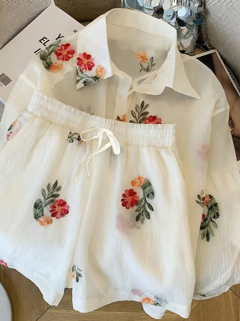 Women's Embroidered Floral Two-Piece Lounge Set | Long Sleeve Shirt & Drawstring Pants