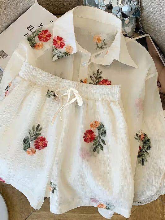 Women's Embroidered Floral Two-Piece Lounge Set | Long Sleeve Shirt & Drawstring Pants