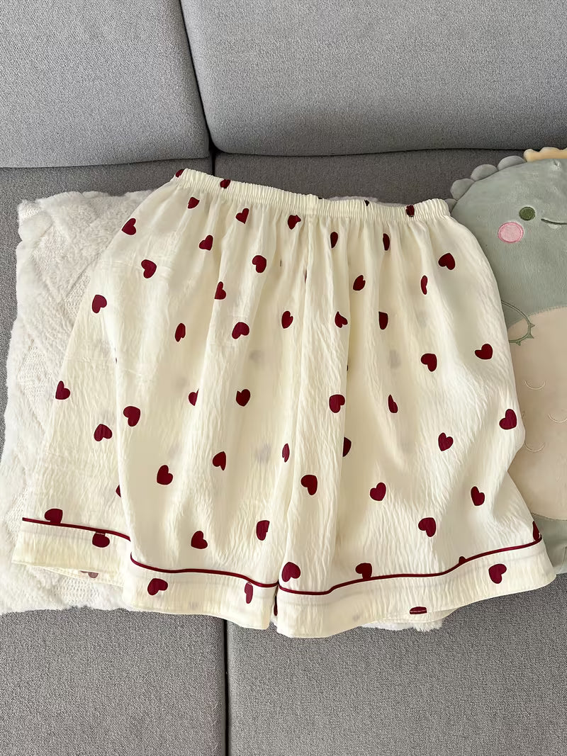 Women’s Red Heart Print Pajama Set – Short Sleeve Button-Up Sleepwear