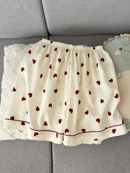Women’s Red Heart Print Pajama Set – Short Sleeve Button-Up Sleepwear