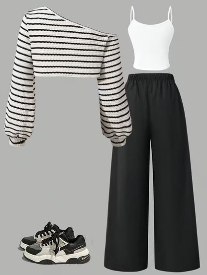 Women’s Black & White Striped Co-Ord Set with Wide-Leg Pants