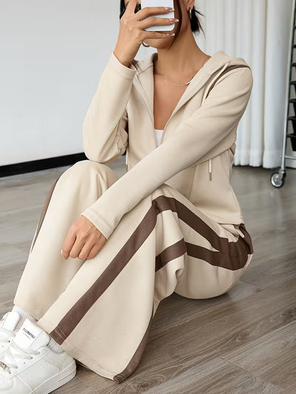 Women’s Beige Hooded Jacket and Wide-Leg Pants Co-Ord Set with Brown Side Stripes