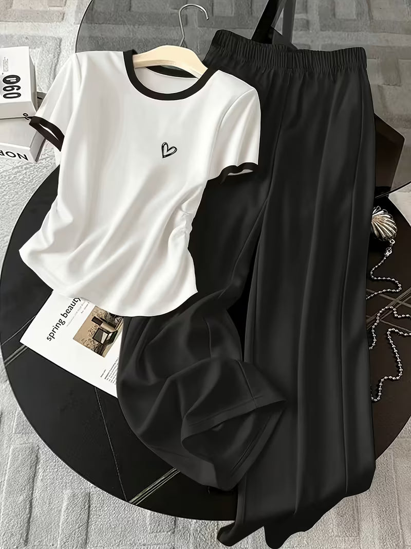 Women's Heart Print T-Shirt & Wide-Leg Pants Co-Ord Set