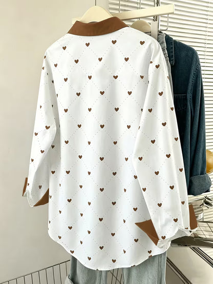 Women’s White Heart Print Button-Down Shirt