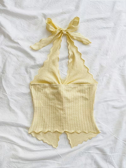Ribbed Bow Detail Halter Crop Top