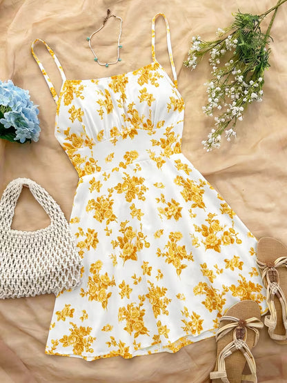Mustard Floral Print Fit & Flare Mini Dress