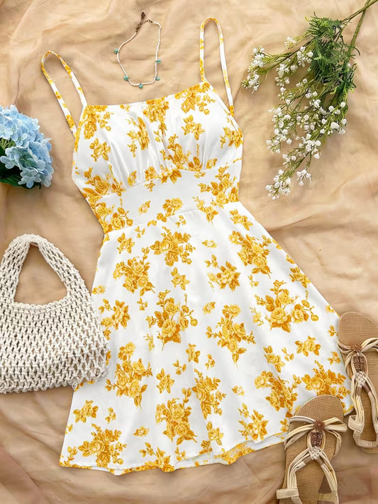 Mustard Floral Print Fit & Flare Mini Dress