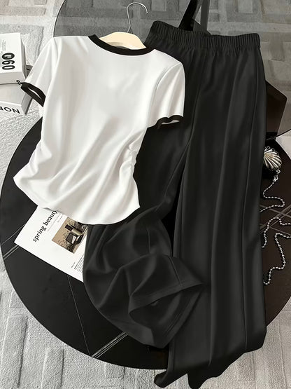 Women's Heart Print T-Shirt & Wide-Leg Pants Co-Ord Set