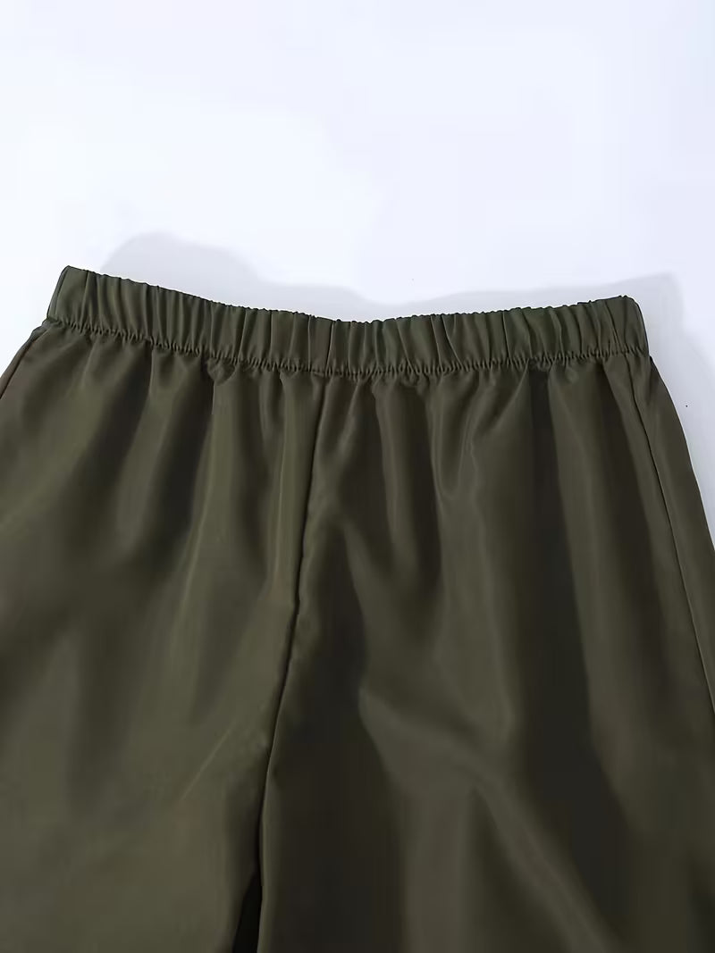 Women’s Olive Green Textured One-Shoulder Crop Top & Wide-Leg Pants 3-Piece Co-Ord Set