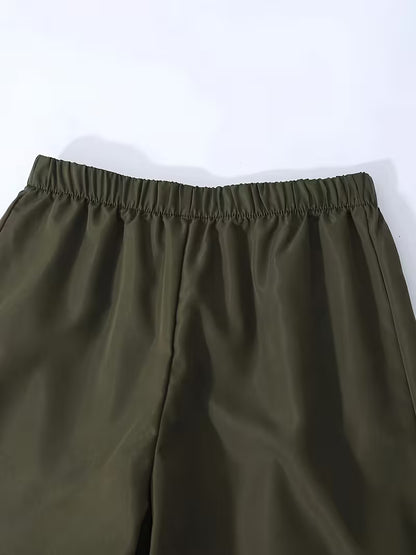 Women’s Olive Green Textured One-Shoulder Crop Top & Wide-Leg Pants 3-Piece Co-Ord Set