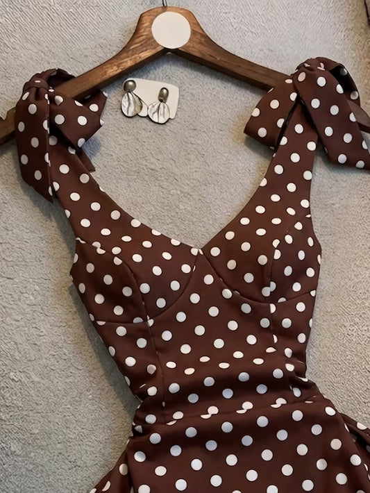 Chocolate Brown Polka Dot Tie-Shoulder Fit & Flare Dress
