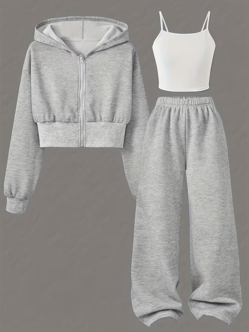 Grey Cozy 3-Piece Lounge Set with Cropped Hoodie
