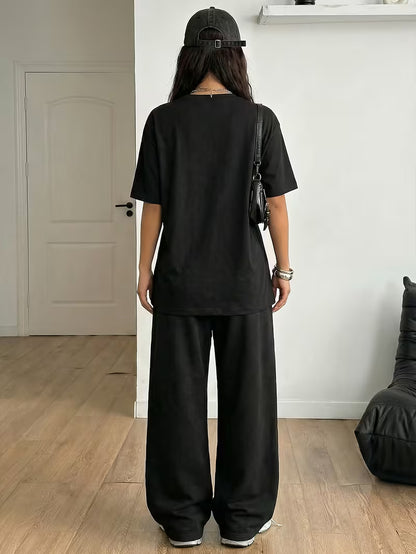 Women's Cat Print Co-Ord Set – T-Shirt & Wide-Leg Pants