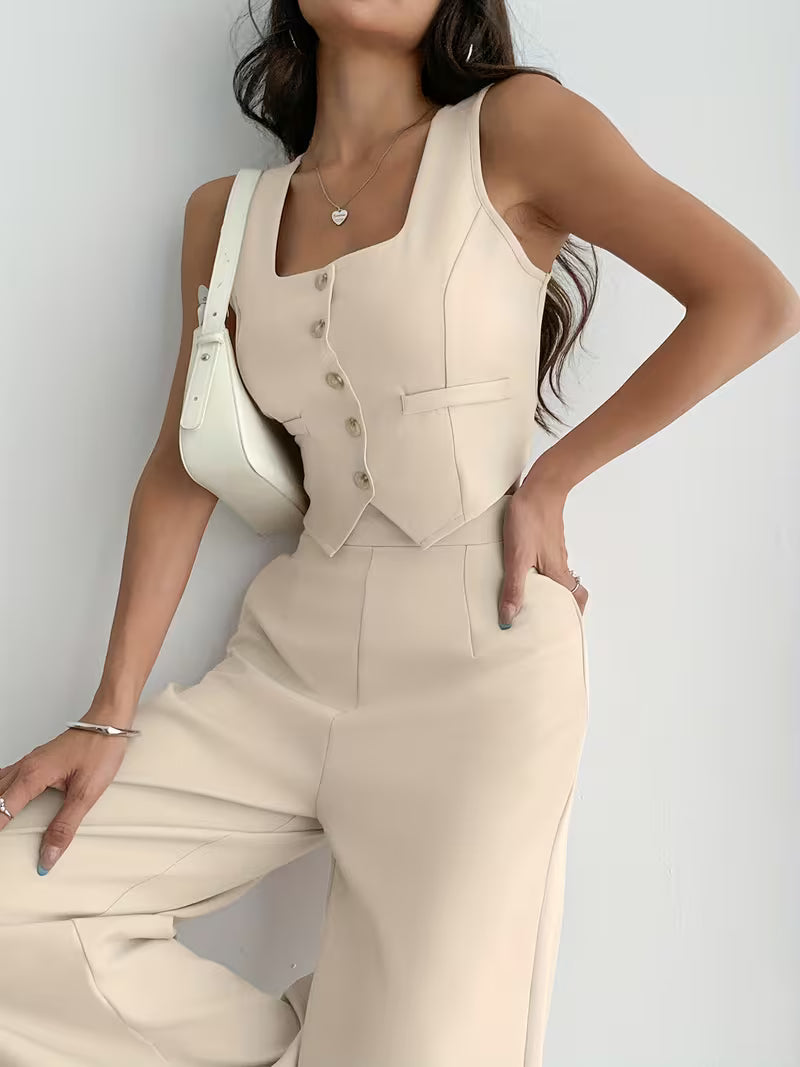 Women’s Beige Sleeveless Button-Front Vest & Wide-Leg Pants Set