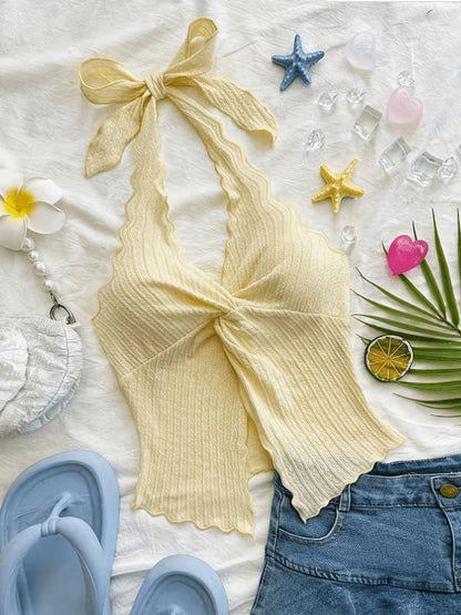 Ribbed Bow Detail Halter Crop Top