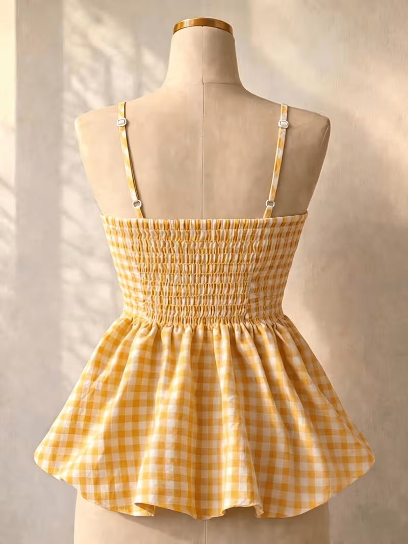 Yellow Gingham Bow-Tie Peplum Cami Top