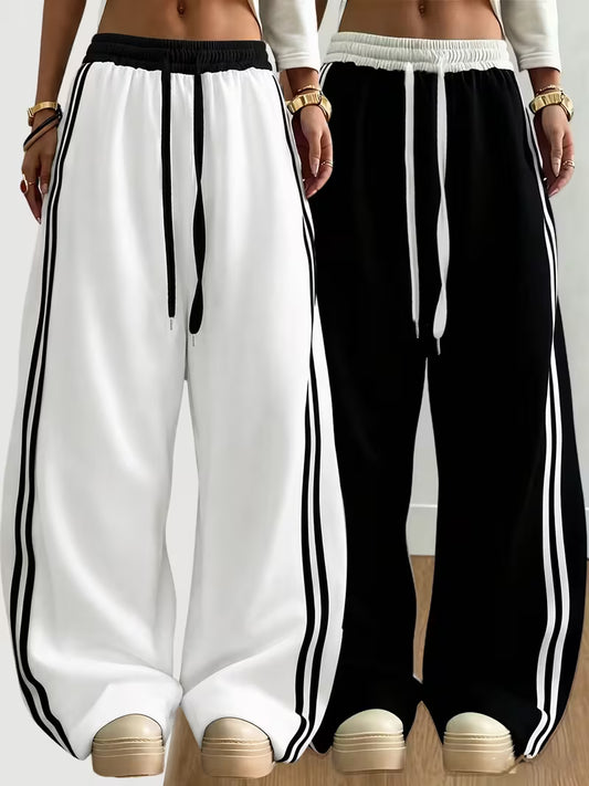 Women’s Contrast Stripe Wide-Leg Jogger Pants – Pack of 2